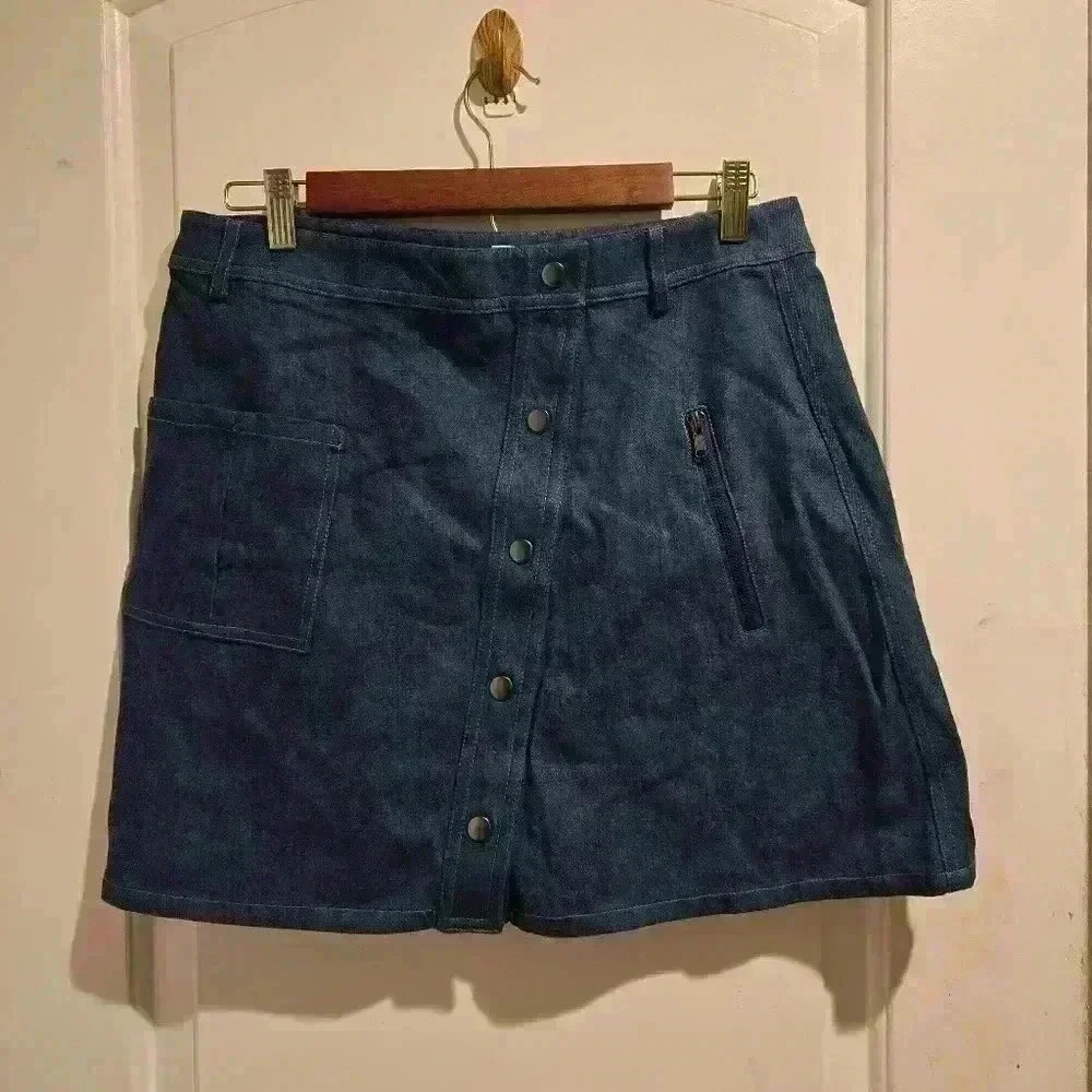 P7442 j.o.a. Los Angeles denim mini skirt asymmetrical slant button front large - Picture 2 of 7